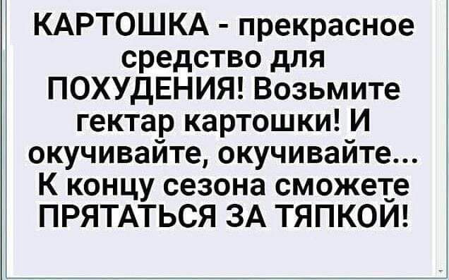 КАРТОШКА прекрасное средство для ПОХУДЕНИЯ Возьмите гектар картошки И окучивайте окучивайте К концу сезона сможете ПРЯТАТЬСЯ ЗА ТЯПКОЙ