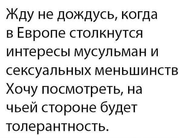 Жду не дождусь когда в Европе столкнутся интересы мусульман и сексуальных меньшинств Хочу посмотреть на чьей стороне будет толерантность