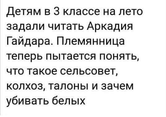 Детям в 3 классе на лето задали читать Аркадия Гайдара Племянница теперь пытается понять что такое сельсовет колхоз талоны и зачем убивать белых