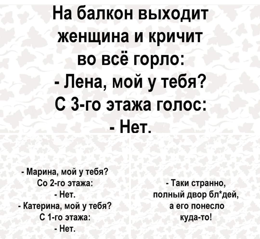 На балкон выходит женщина и кричит во всё горло Пена мой у тебя С 3 го этажа голос Нет Марика мой утебя Сп 2 го этажа т счраинп _ Нет попный двор бпдей Катерина мой у тебя а его понесло 1 го паха куда то Нет