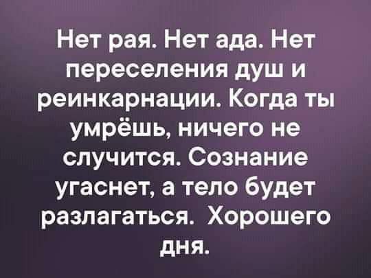 Нет рая Нет ада Нет переселения душ и реинкарнации Когда ты умрёшь ничего не случится Сознание угаснет а тело будет разлагаться Хорошего дня