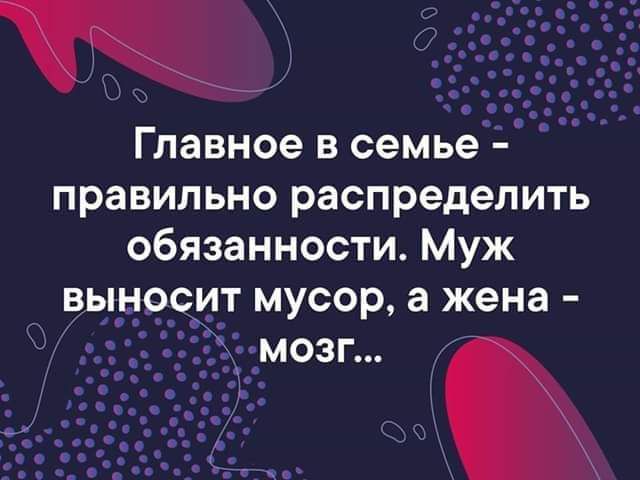 Главное в семье правильно распределить обязанности Муж выносит мусор а жена мозг