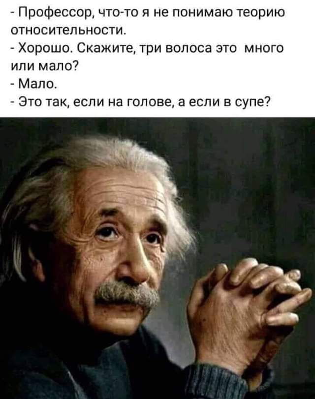 Профессор чтогто я не понимаю теорию относительности Хорошо Скажите три волоса это многа или мало7 Мало Это так если на голове а если в супе