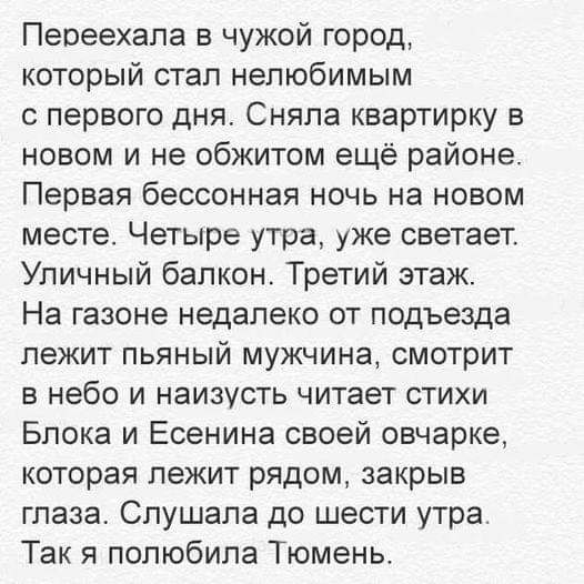 Переехала в чужой город который стал нелюбимым с первого дня Сняла квартирку в новом и не обжитом ещё районе Первая бессонная ночь на новом месте Четыре утра уже светает Уличный балкон Третий этаж На газоне недалеко от подъезда лежит пьяный мужчина смотрит в небо и наизусть читает стихи Блока и Есенина своей овчарке которая лежит рядом закрыв глаза