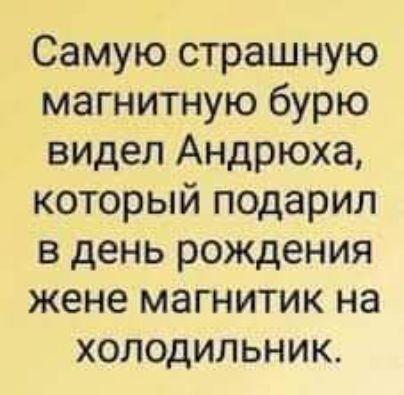 Самую страшную магнитную бурю видел Андрюха который подарил в день рождения жене магнитик на хОоЛлОдИЛЬНИК