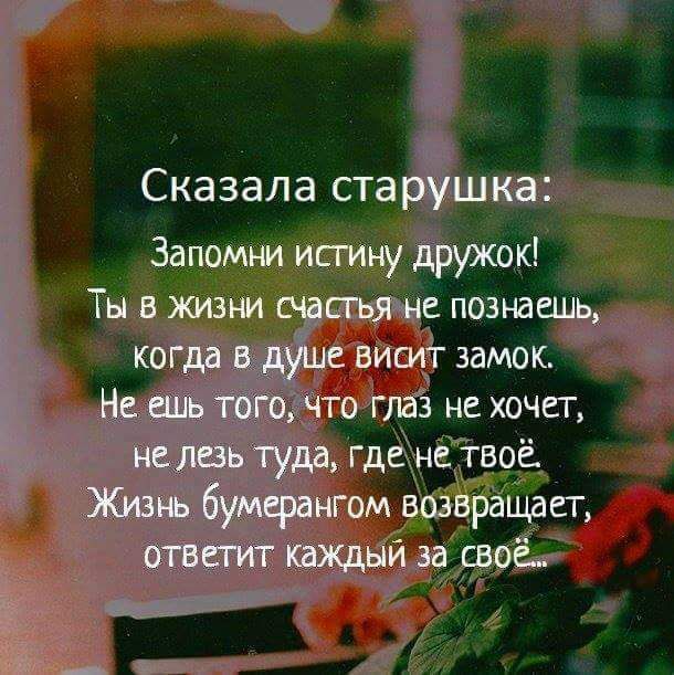 Сказала старушка Запомни истину дружок Ты в жизни счастьямне познаешь когда в душе висит замок Целещь того Что глаз не хочет не лезь туда гдене твоё Жизнь бумерангом возвращает ответит каждый за своё