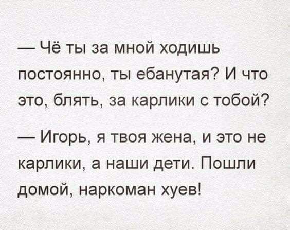 Чё ты за мной ходишь постоянно ты ебанутая И что это блять за карлики с тобой Игорь я твоя жена и это не карлики а наши дети Пошли домой наркоман хуев