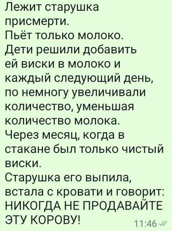 Лежит старушка присмерти Пьёт только молоко Дети решили добавить ей виски в молоко и каждый следующий день по немногу увеличивали количество уменьшая количество молока Через месяц когда в стакане был только чистый висКи Старушка его выпила встала с кровати и говорит НИКОГДА НЕ ПРОДАВАЙТЕ ЭТУ КОРОВУ 1146