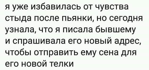 я уже избавилась от чувства стыда после пьянки но сегодня узнала что я писала бывшему и спрашивала его новый адрес чтобы отправить ему сена для его новой телки