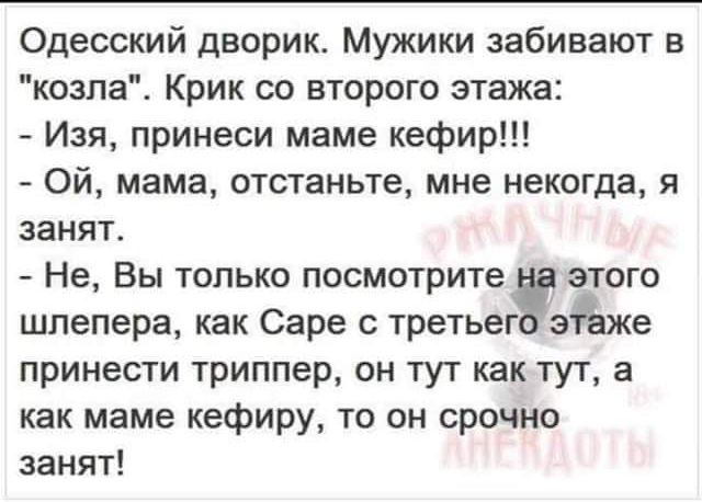 Одесский дворик Мужики забивают в козла Крик со второго этажа Изя принеси маме кефир Ой мама отстаньте мне некогда я занят Не Вы только посмотрите этого шлепера как Саре с третьего этаже принести триппер он тут как тут а как маме кефиру то он срочно занят