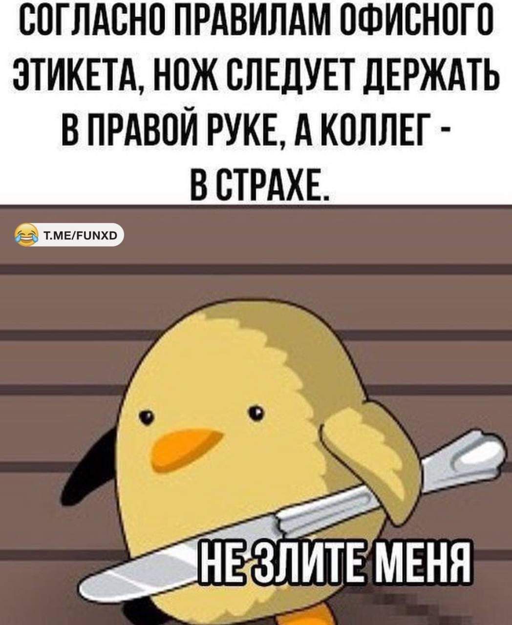 СОГЛАСНО ПРАВИЛАМ ОФИСНОГО ЭТИКЕТА НОЖ СЛЕДУЕТ ДЕРЖАТЬ В ПРАВОЙ РУКЕ А КОЛЛЕГ В СТРАХЕ оь БЕЯНЕСЛИТЕМЕНЯ