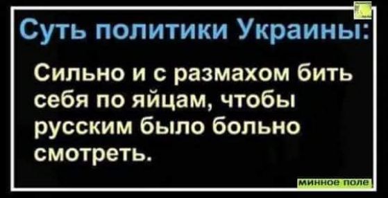 Суть политики Украины Сильно и с размахом бить себя по яйцам чтобы русским было больно смотреть