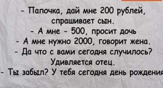 Папочка дай мне 200 рублей спрашивает сын А мне 500 просит дочь А мне нужно 2000 говорит жена Да что с вами сегодня случилось Удивляется отец Ты забыл У тебя сегодня день рождения