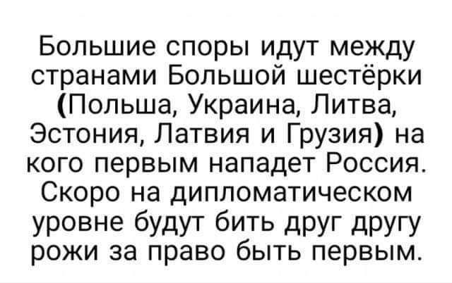 Большие споры идут между странами Большой шестёрки Польша Украина Литва Эстония Латвия и Грузия на кого первым нападет Россия Скоро на дипломатическом уровне будут бить друг другу рожи за право быть первым