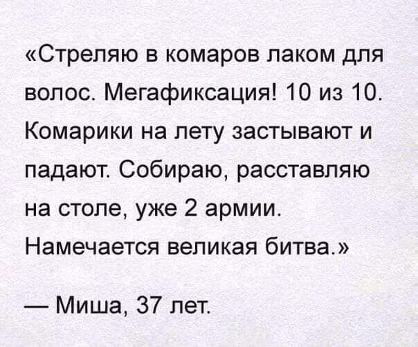 Стреляю в комаров лаком для волос Мегафиксация 10 из 10 Комарики на лету застывают и падают Собираю расставляю на столе уже 2 армии Намечается великая битва Миша 37 лет