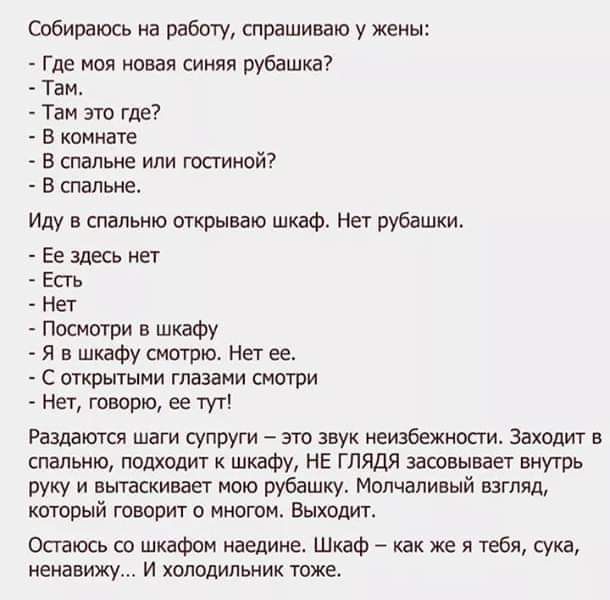 Собираюсь на работу спрашиваю у жены Где моя новая синяя рубашка Там Там это где В комнате В спальне или гостиной В спальне Иду в спальню открываю шкаф Нет рубашки Ее здесь нет Есть Нет Посмотри в шкафу Я в шкафу смотрю Нет ее С открытыми глазами смотри Нет говорю ее тут Раздаются шаги супруги это звук неизбежности Заходит в спальню подходит к шкаф