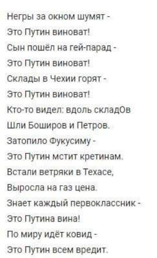 Негры за окном шумят Это Путин виноват Сын пошёл на гей парад Это Путин виноват Склады в Чехии горят Это Путин виноват Кто то видел вдоль складОв Шли Боширов и Петров Затопило Фукусиму Это Путин мстит кретинам Встали ветряки в Техасе Выросла на газ цена Знает каждый первоклассник Это Путина вина По миру идёт ковид Это Путин всем вредит