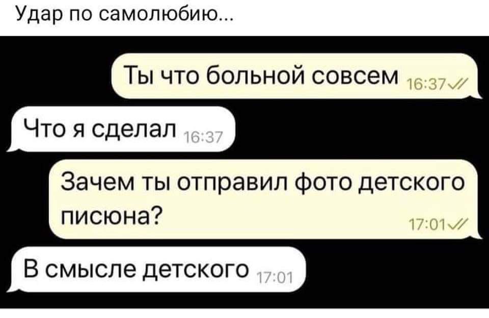 Удар по самолюбию Ты что больной совсем Что я сделал Зачем ты отправил фото детского писюна В смысле детского