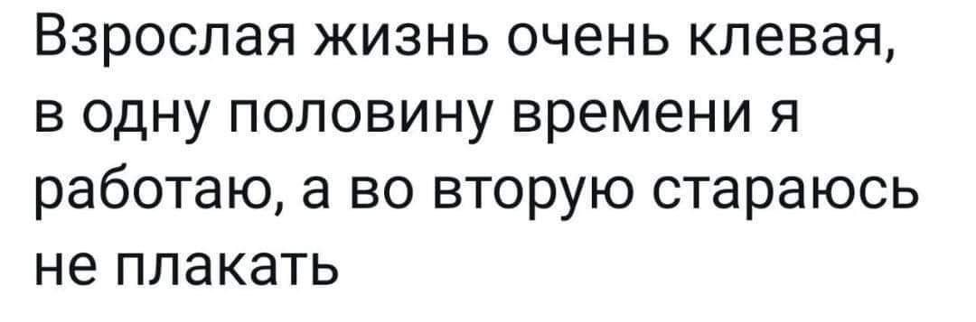 Взрослая жизнь очень клевая в одну половину времени я работаю а во вторую стараюсь не плакать