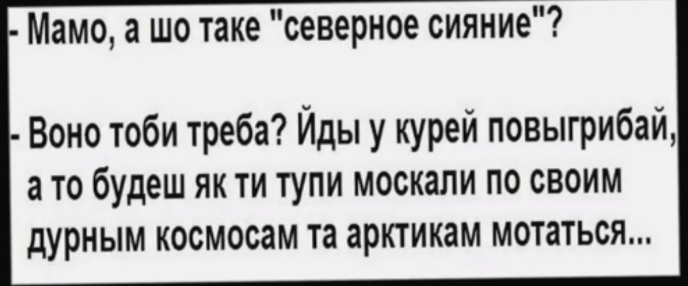 Мамо а шо таке северное сияние Воно тоби треба Иды у курей повыгрибай ато будеш як ти тупи москали по своим дурным космосам та арктикам мотаться