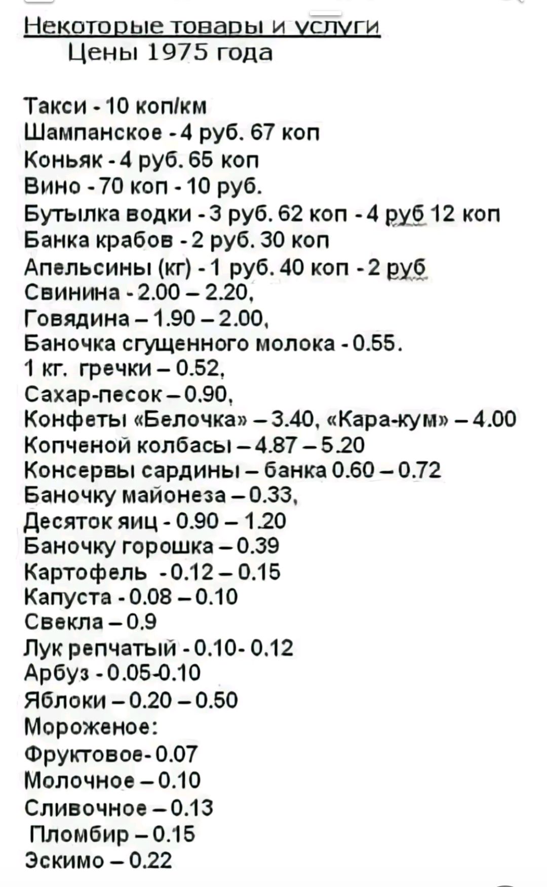 е товарь ГИ Цены 1975 года Такси 10 копкм Шампанское 4 руб 67 коп Коньяк 4 руб 65 коп Вино 70 коп 10 руб Бутылка водки 3 руб 62 коп 4 руб 12 коп Банка крабов 2 руб 30 коп Апельсины кг 1 руб 40 коп 2 руб Свинина 200 220 Говядина 190 200 Баночка сгущенного молока 055 1 кг гречки 052 Сахар песок 090 Конфеты Белочка 340 Кара кум 400 Копченой колбасы 48