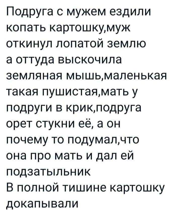 Подруга с мужем ездили копать картошкумуж откинул лопатой землю а оттуда выскочила земляная мышьмаленькая такая пушистаямать у подруги в крикподруга орет стукни её а он почему то подумалчто она про мать и дал ей подзатыльник В полной тишине картошку докапывали