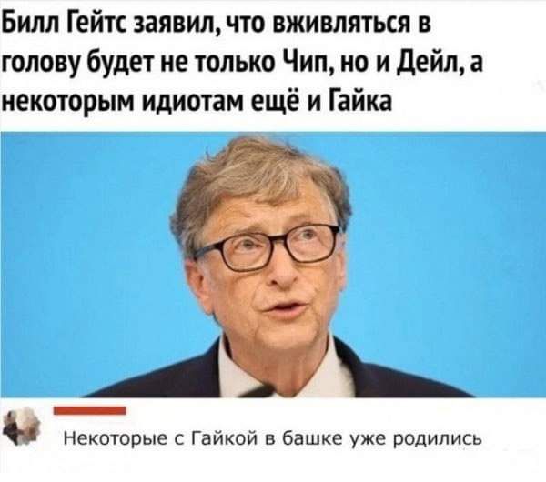 Билл Гейтс заявил что вживляться в голову будет не только Чип но и Дейл а некоторым идиотам ещё и Гайка р ЧЩ 5Я Некоторые с Гайкой в башке уже родились