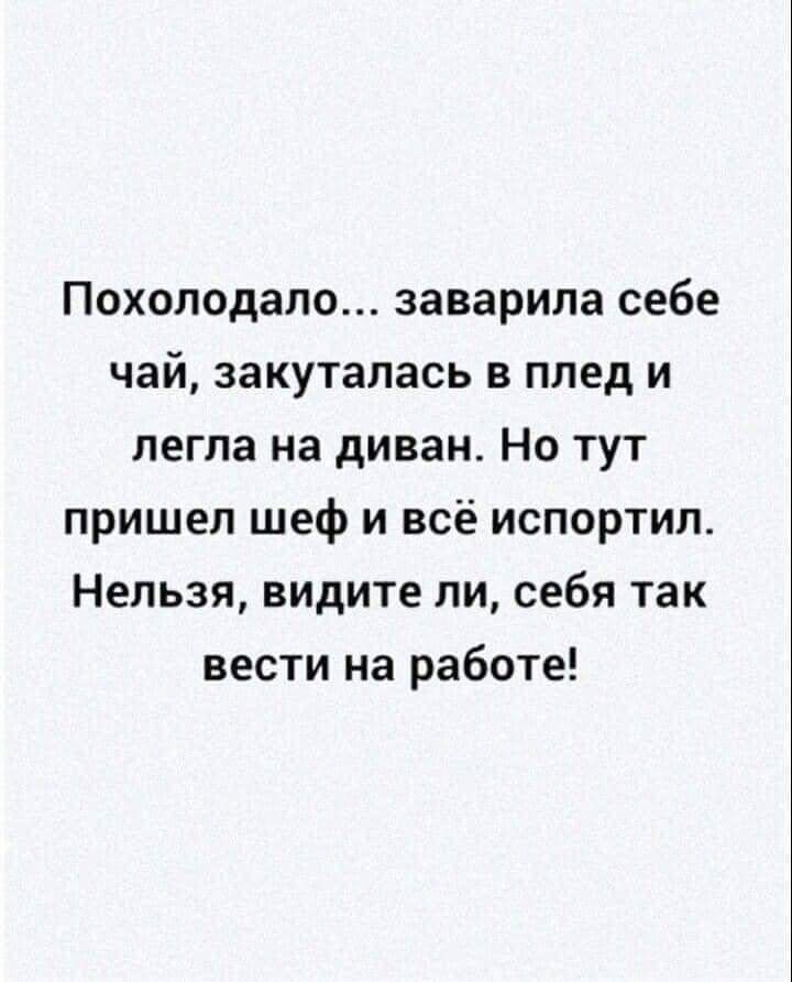 Похолодало заварила себе чай закуталась в плед и легла на диван Но тут пришел шеф и всё испортил Нельзя видите ли себя так вести на работе