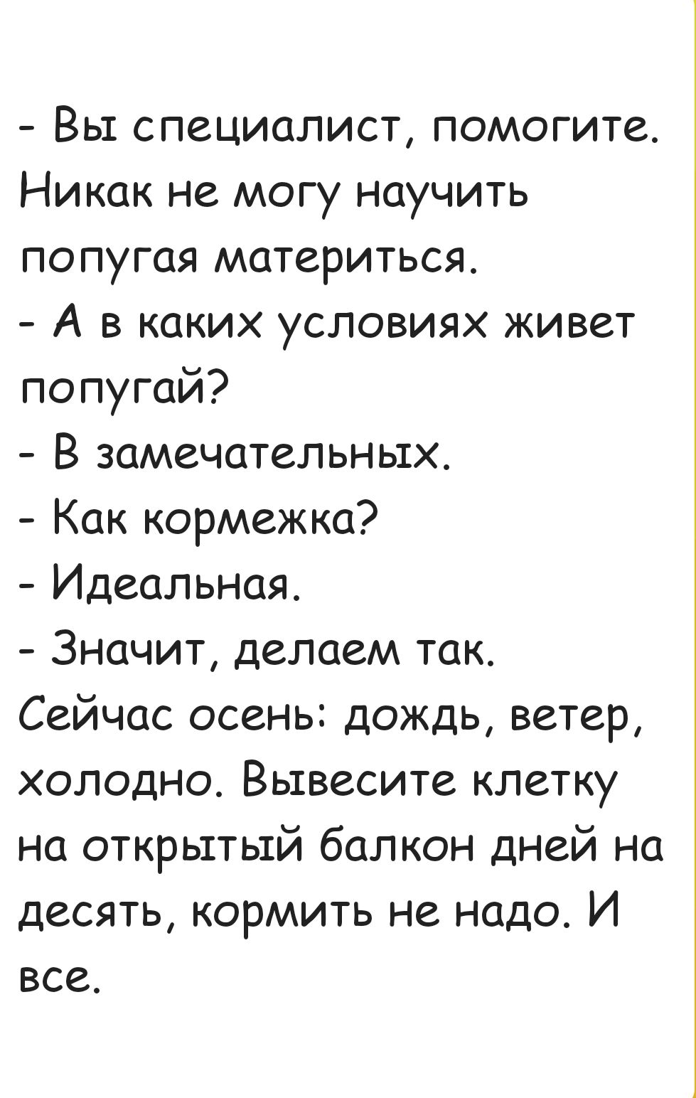 Вы специалист помогите Никак не могу научить попугая материться А в каких условиях живет попугай В замечательных Как кормежка Идеальная Значит делаем так Сейчас осень дождь ветер холодно Вывесите клетку на открытый балкон дней на десять кормить не надо И все