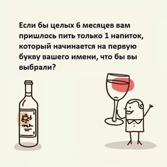 Если бы целых 6 месяцев вам пришлось пить только 1 напиток который начинается на первую букву вашего имени что бы вы выбрали