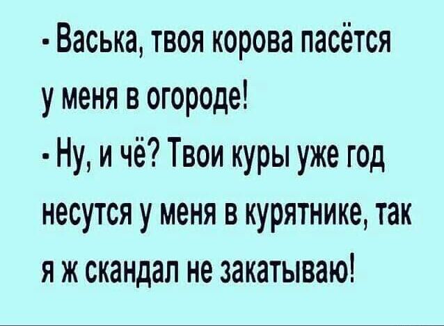 Васька твоя корова пасётся у меня в огороде Ну и чё Твои куры уже год несутся у меня в курятнике так я ж скандал не закатываю