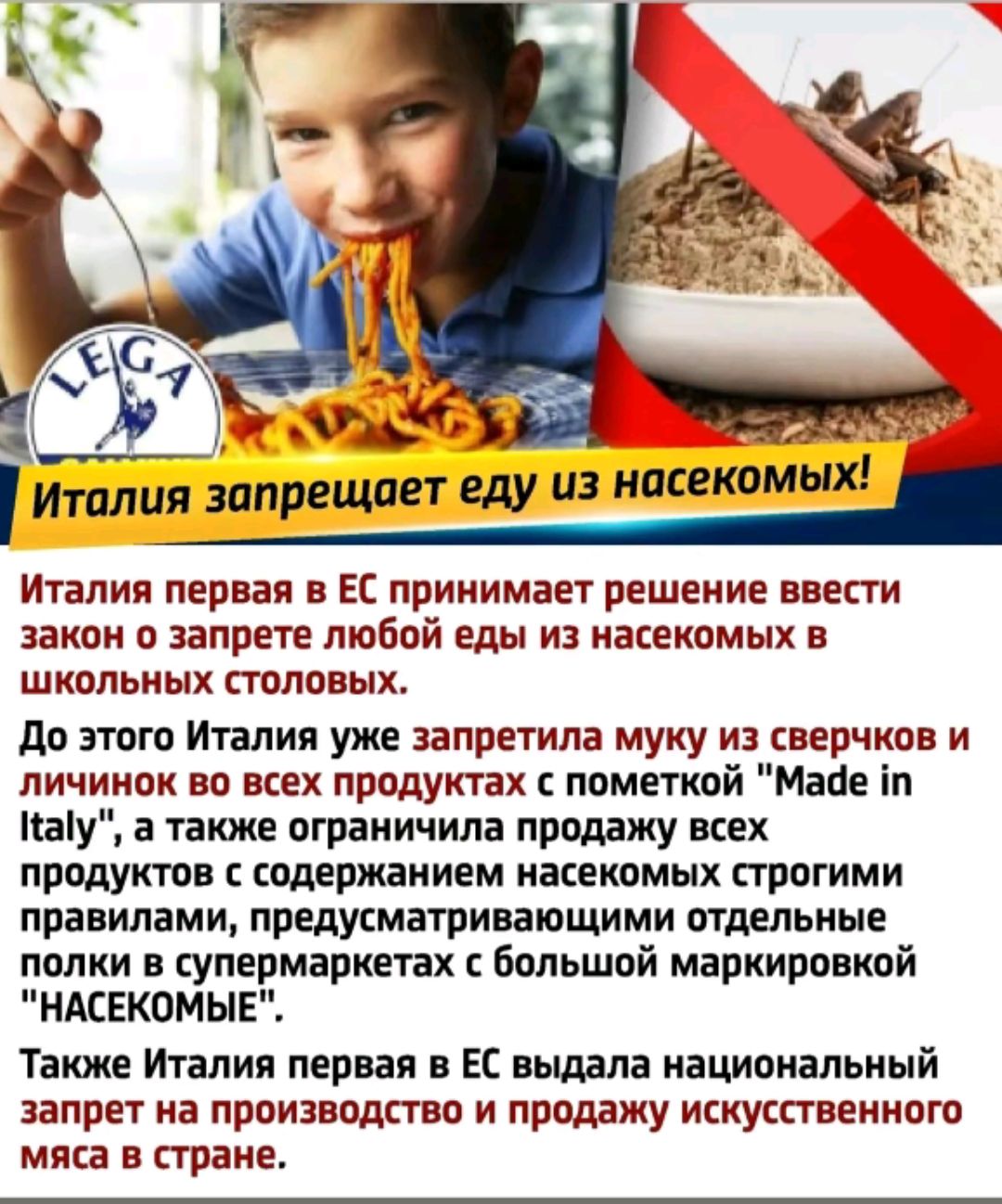 Италия первая в ЕС принимает решение ввести закон о запрете любой еды из насекомых в школьных столовых До этого Италия уже запретила муку из сверчков и личинок во всех продуктах с пометкой Маде 1п Мау а также ограничила продажу всех продуктов с содержанием насекомых строгими правилами предусматривающими отдельные полки в супермаркетах с большой мар