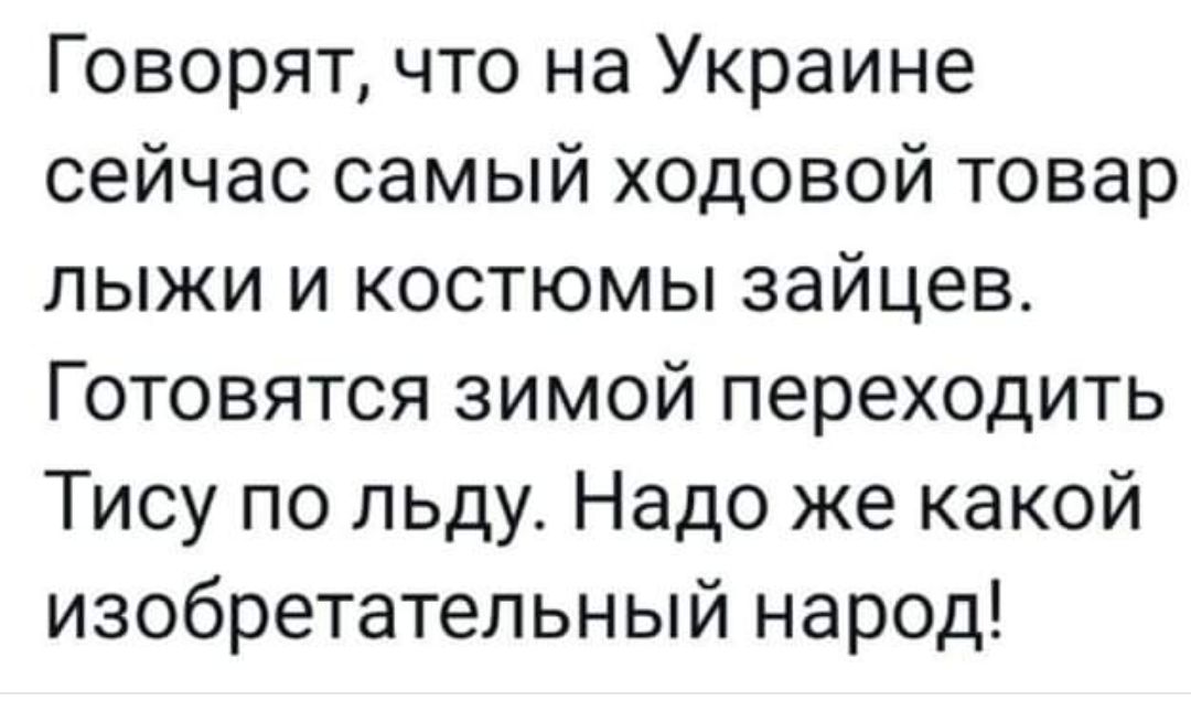 Говорят что на Украине сейчас самый ходовой товар лыжи и костюмы зайцев Готовятся зимой переходить Тису по льду Надо же какой изобретательный народ