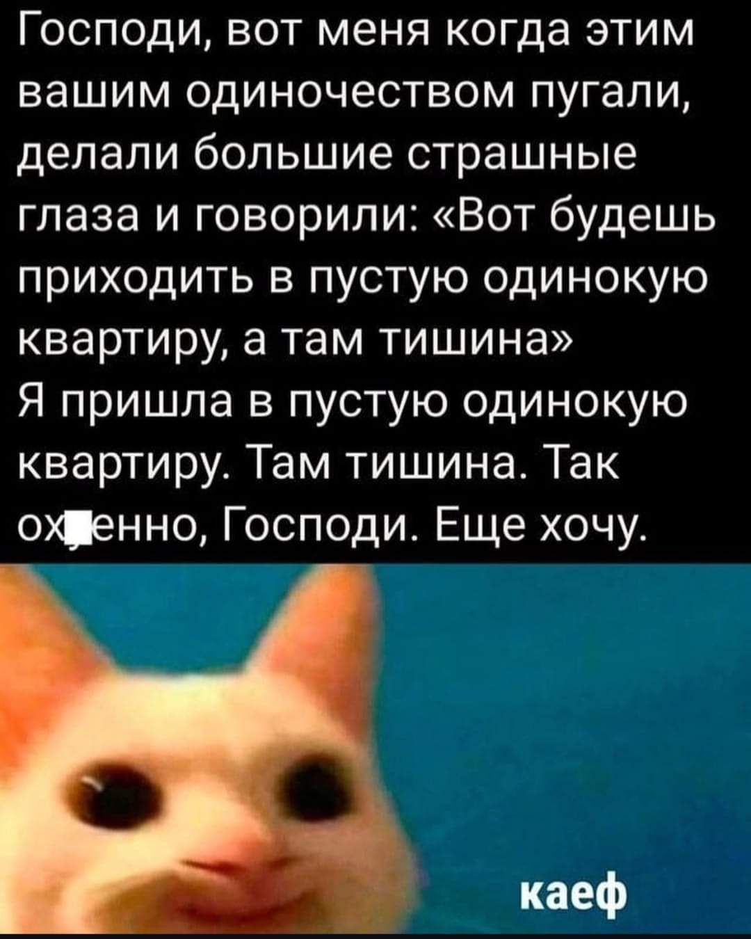 Господи вот меня когда этим вашим одиночеством пугали делали большие страшные глаза и говорили Вот будешь приходить в пустую одинокую квартиру а там тишина Я пришла в пустую одинокую квартиру Там тишина Так охщенно Господи Еще хочу каеф