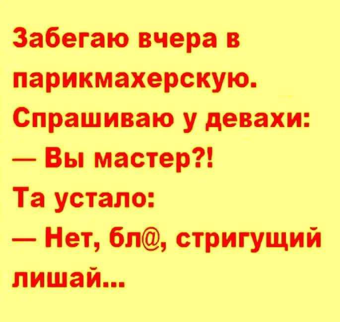 Забегаю вчера в парикмахерскую Спрашиваю у девахи Вы мастер Та устало Нет бл стригущий лишай