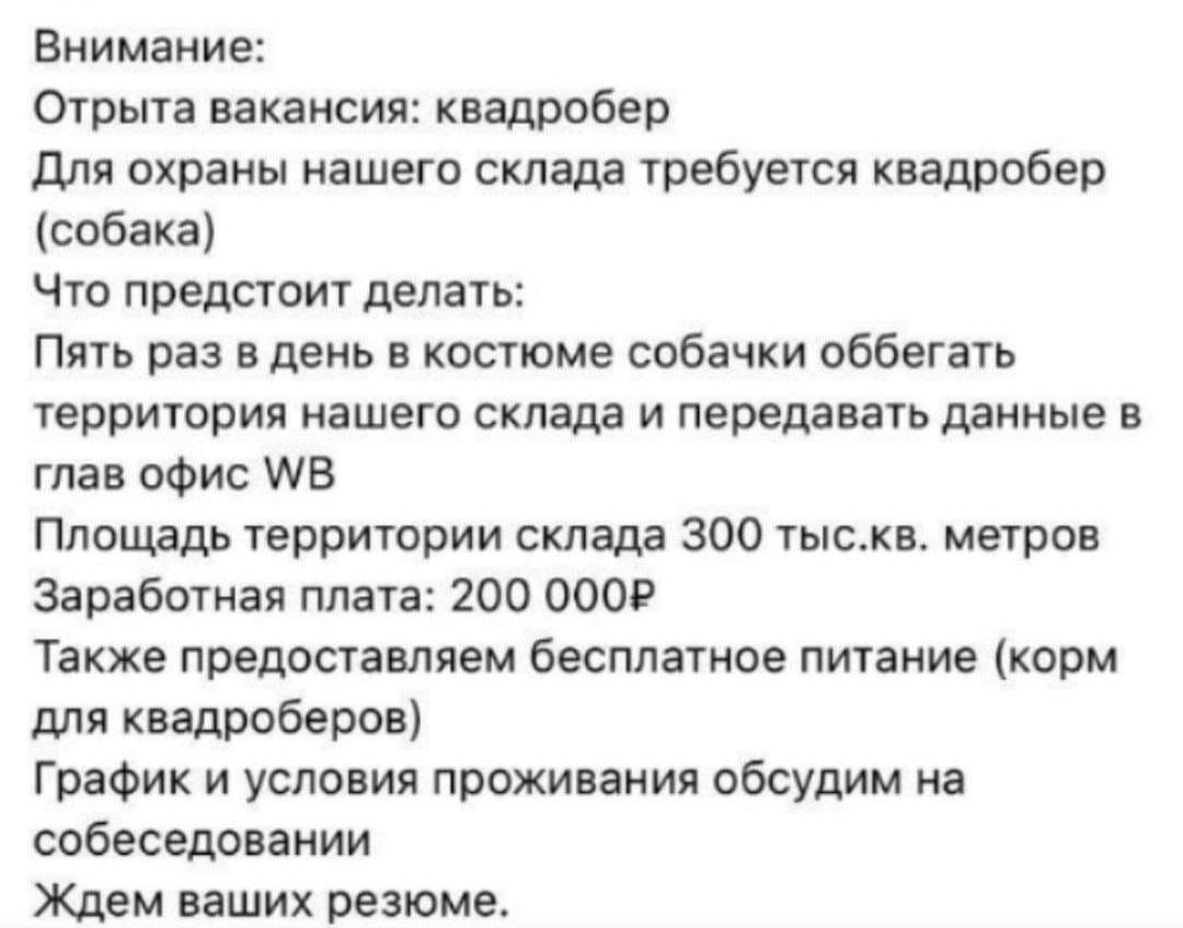 Внимание Отрыта вакансия квадробер Для охраны нашего склада требуется квадробер собака Что предстоит делать Пять раз в день в костюме собачки оббегать территория нашего склада и передавать данные в глав офис УВ Площадь территории склада 300 тыскв метров Заработная плата 200 000Р Также предоставляем бесплатное питание корм для квадроберов График и у