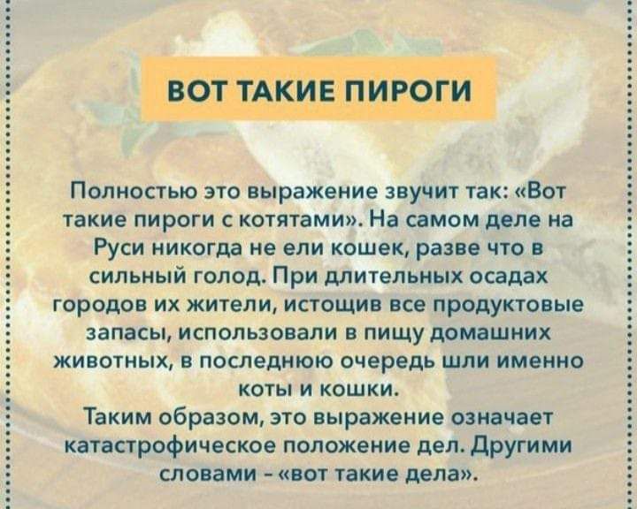Полностью это выражение звучит так Вот такие пироги с котятами На самом деле на Руси никогда не ели кошек разве что в сильный голод При длительных осадах городов их жители истощив все продуктовые запасы использовали в пищу домашних животных в последнюю очередь шли именно коты и кошки Таким образом это выражение означает катастрофическое положение д