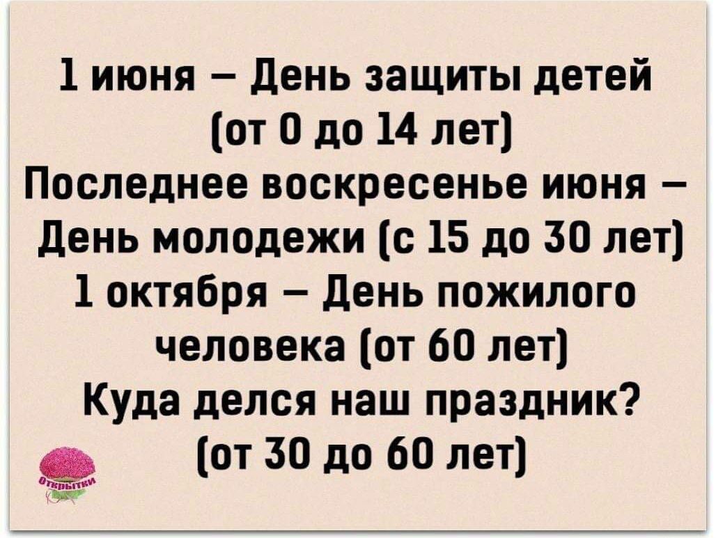 1 июня День защиты детей от О до 14 лет Последнее воскресенье июня День молодежи с 15 до 50 лет 1 октября День пожилого человека от 60 лет Куда делся наш праздник от 50 до 60 лет