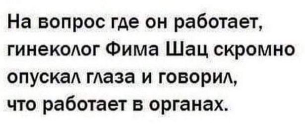 На вопрос где он работает гинеколог Фима Шац скромно опускал глаза и говорил что работает в органах