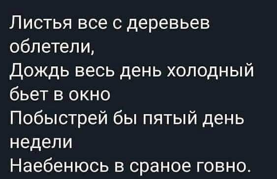 Листья все с деревьев облетели Дождь весь день холодный бьет в окно Побыстрей бы пятый день недели Наебенюсь в сраное говно