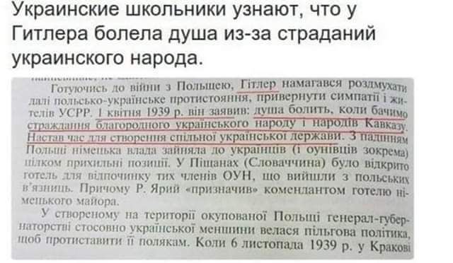 Украинские школьники узнают что у Гитлера болела душа из за страданий украинского народа ло йн 3 ла польсько Ук тель УСТР 1 аннн 9 олком прихильих позний У Пиманих посль ле нач ае ОЛ о РЕ эониць Причому Р Ярий призначиве коменлантом мецького майора УЫ У створеному на територй окупонаной Польш маторсти стосонно украгиськой меншини об протиставити П 