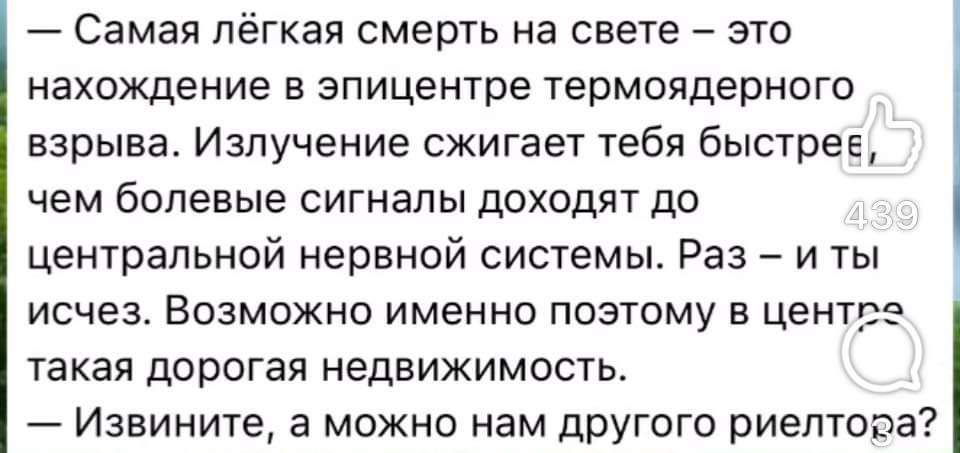 Самая лёгкая смерть на свете это нахождение в эпицентре термоядерного взрыва Излучение сжигает тебя быстрее чем болевые сигналы доходят до центральной нервной системы Раз и ты исчез Возможно именно поэтому в центг2 такая дорогая недвижимость Извините а можно нам другого риелтора