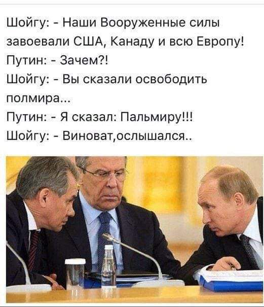 Шойгу Наши Вооруженные силы завоевали США Канаду и всю Европу Путин Зачем Шойгу Вы сказали освободить полмира Путин Я сказал Пальмиру Шойгу Виноватослышался