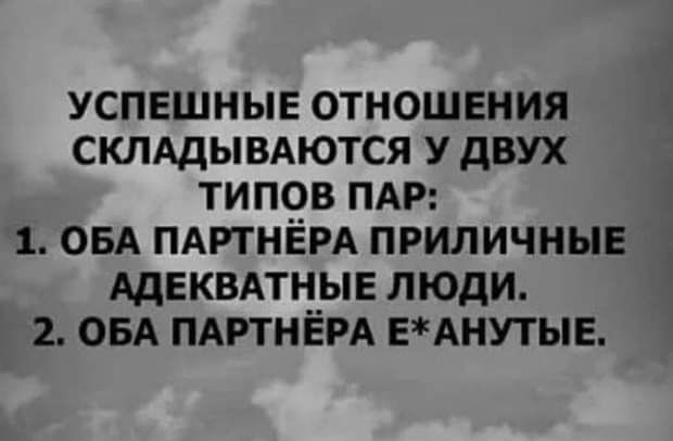 УСПЕШНЫЕ ОТНОШЕНИЯ СКЛАДЫВАЮТСЯ У ДВУХ ТИПОВ ПАР 1 ОБА ПАРТНЁРА ПРИЛИЧНЫЕ АДЕКВАТНЫЕ ЛЮДИ 2 ОБА ПАРТНЁРА ЕАНУТЫЕ