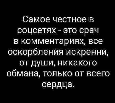 Самое честное в соцсетях это срач в комментариях все оскорбления искренни от души никакого обмана только от всего сердца