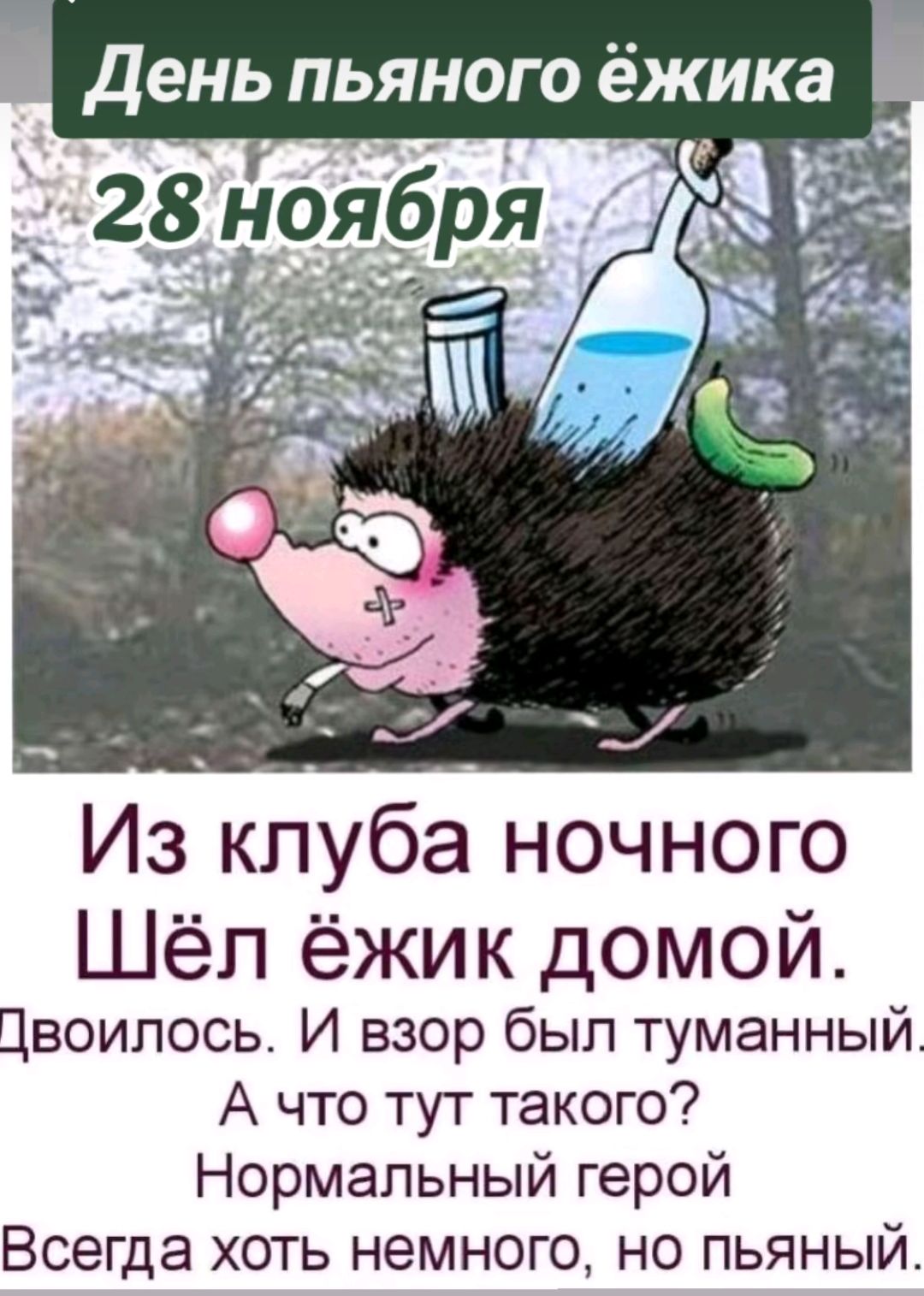 Из клуба ночного Шёл ёжик домой Двоилось И взор был туманный А что тут такого Нормальный герой Всегда хоть немного но пьяный