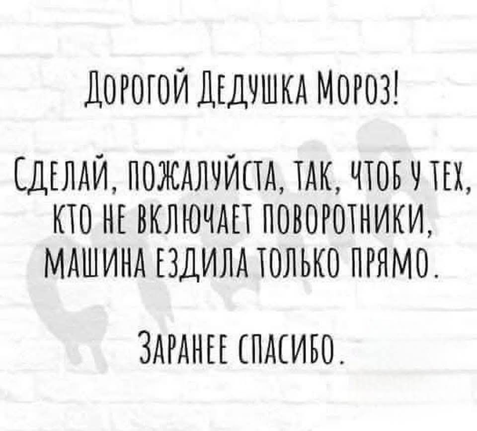 ДОРОГОЙ ДЕДУШКА МОРОЗ СДЕЛАЙ ПОЖАЛУЙСИ ТАК ЧТОБ У ТЕХ КТО НЕ ВКЛЮЧАЕТ ПОВОРОТНИКИ МАШИНА ЕЗДИЛА ТОЛЬКО ПРЯМО ЗАРАНЕЕ СПАСИБО