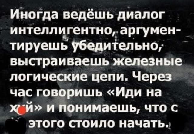 Иногда ведёшь диалог интеллигентноаргумен тируешь убедительно выстраиваешь железные логические цепи Через час говоришь Иди на хай и Ёонимаешь что с этого стоило начать