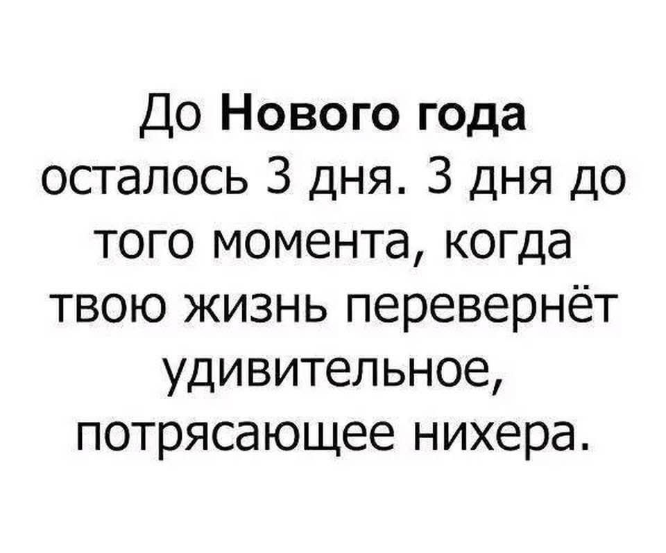 До Нового года осталось 3 дня 3 дня до того момента когда твою жизнь перевернёт удивительное потрясающее нихера