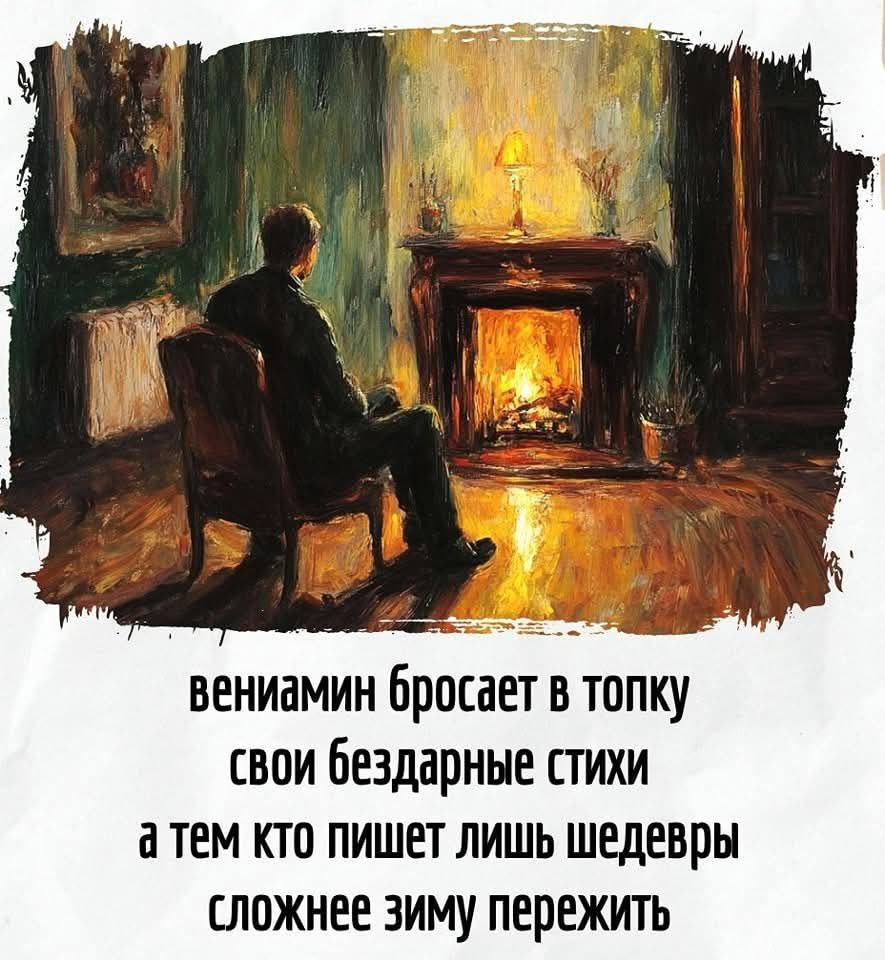 вениамин бросает в топку свои бездарные стихи атем кто пишет лишь шедевры сложнее зиму пережить